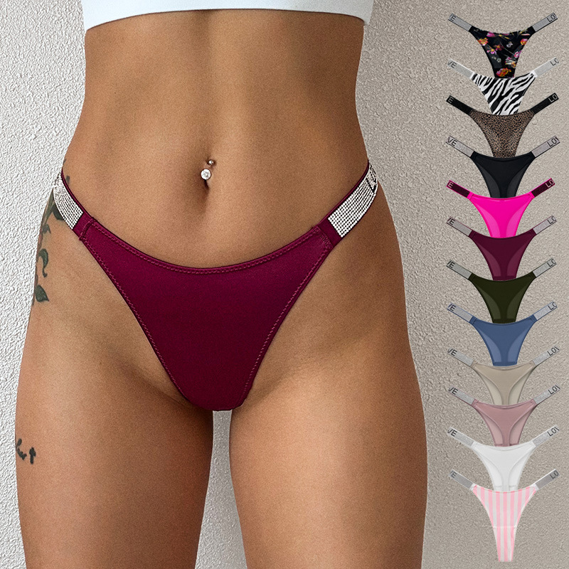 3047t European and American Style Love Letter Rhinestone Sexy Thong Wideband Fitness Sports High Fork t Pants for Women Cross-Border