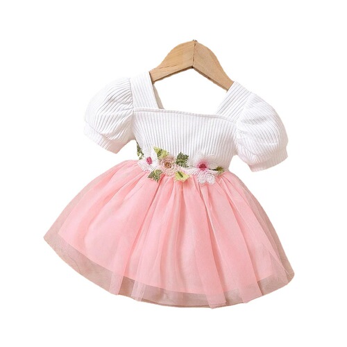  Summer New Korean-style Dress for Girls, Children's One-Year-Old Birthday Gown, Floral Mesh Princess Dress