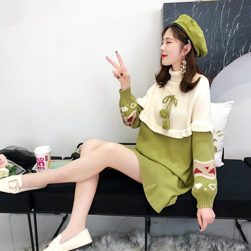 서양식 가을과 겨울 임산부복 가을과 겨울 정장 유행 상의 느슨한 중간 길이 스웨터 여성 트렌디한 핫 엄마 개성