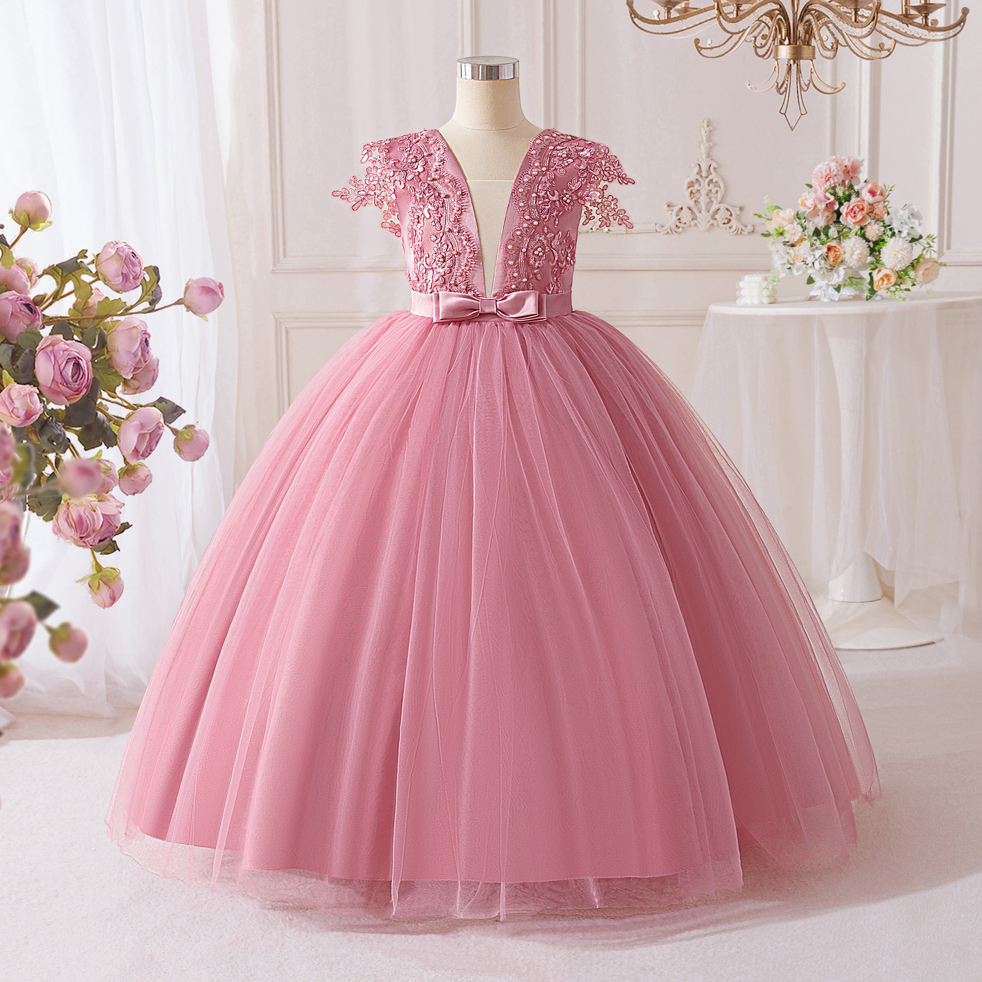 Vesta de princesa de niñas transfronterizas, arco profundo, chaleco de cuello en V, fiesta de cumpleaños, vestido de princesa de alta gama