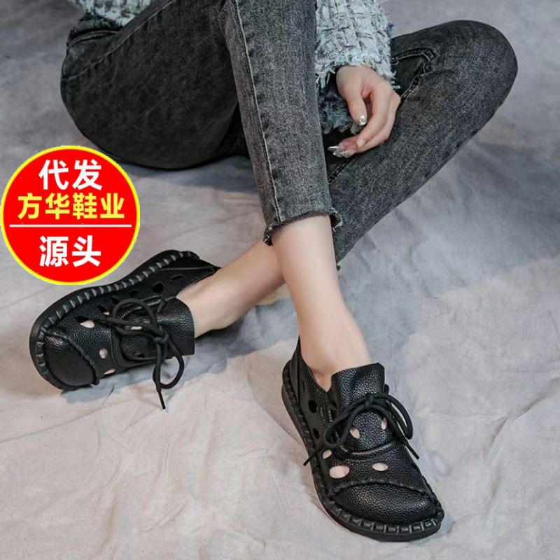 2026 nuevo tamaño de lazos delanteros de alta calidad retro sandálias romanas con base plana agujero agujero zapatos sandalias mujeres