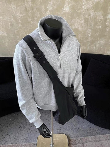Men's American Semi-Zip Stand-Up Hoodie Sweatshirt for Spring and Autumn, Trendy Brand Heavyweight Loose Casual Versatile Unique Design Outerwear
