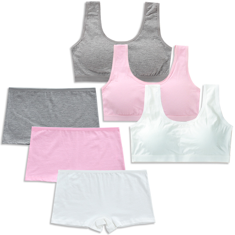 Lingerie set for girls: straight-leg pants, pure cotton V-neck top, solid color summer children's 13-piece wrap bra, suitable for 14-year-old development stage