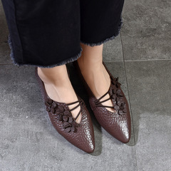 大象紋羊皮軟底花朵淺口單鞋尖頭2024春季新款中國風真皮低跟女鞋