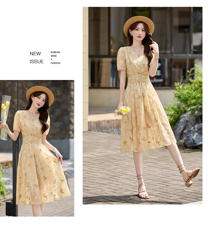 Đầm maxi nữ thắt eo tay bồng họa tiết hoa nhỏ cổ chữ V phong cách tea dress — Màu hồng, màu vàng chi tiết 14