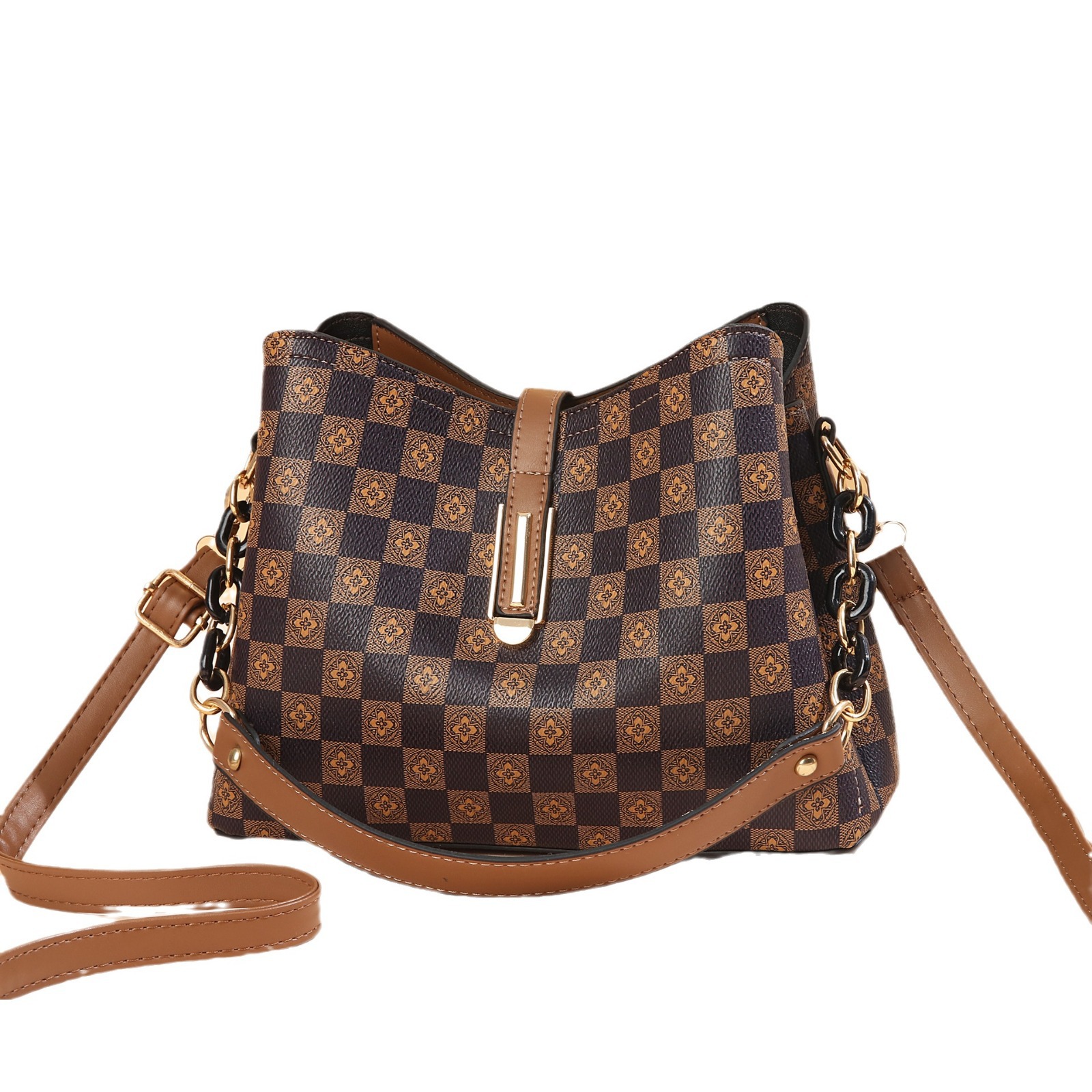 Bolso de Mujer con Diseño de Cuadros de Taizhou, Bolso de Hombro Retro Elegante, Bolso de Mujer de Gran Capacidad, Bolso Tipo Cubo a Cuadros.