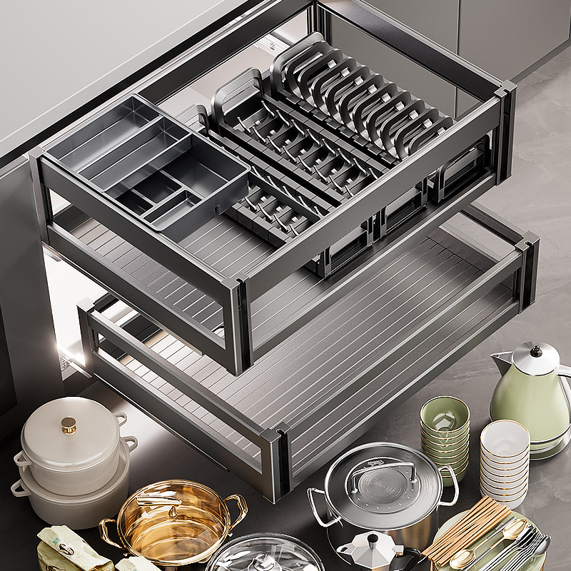 Basket Kitchen Cabinet Space Aluminum Double Drawer Dish Rack Storage Seasoning Built-in Cabinet Aluminum Alloy Dish Basket