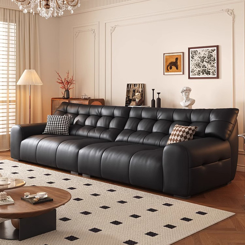 Italian Minimalist Down-Leather Sofa with Genuine Top-Grain Black Cloud Headrest, High-End Living Room Straight Line Black Sofa