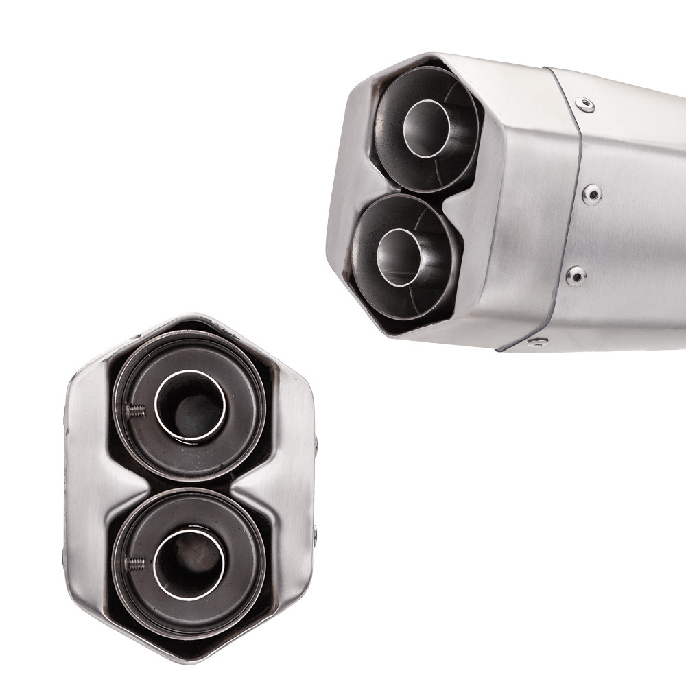 Motorcycle modification: Dual outlet stainless steel universal exhaust pipe tail section silencer, 51mm diameter, non-destructive installation