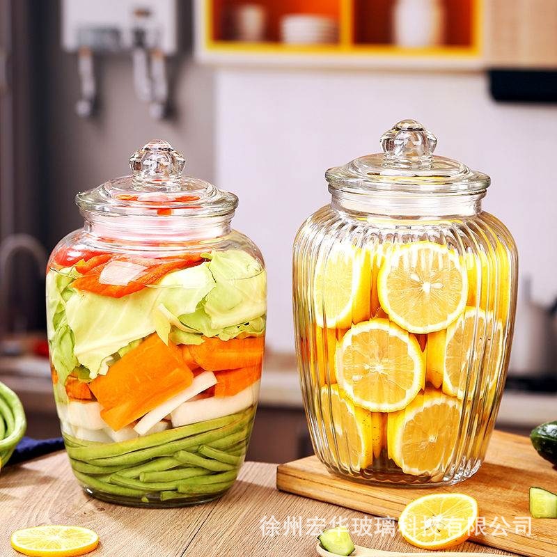 ISO认证厂家批发透明密封玻璃食品储藏罐泡菜罐大容量竖纹储物罐