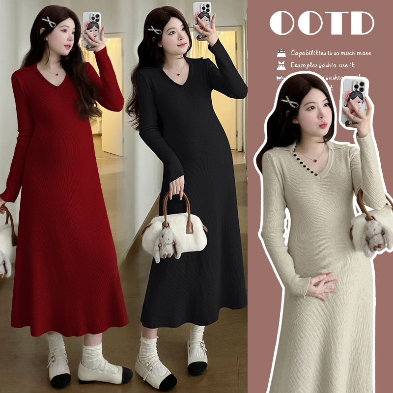 Maternity Winter Dress 2025 New V Neck Knitted Sweater Skirt Thickeneded and Warm Beautiful Skirt during Pregnancy