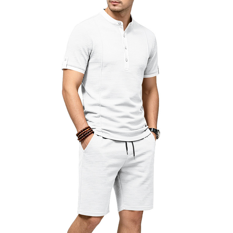 Men's Casual Henley Short Sleeve T-Shirt And Shorts Set Comfort-Focused Polyester Design for Summer_viptrois.com