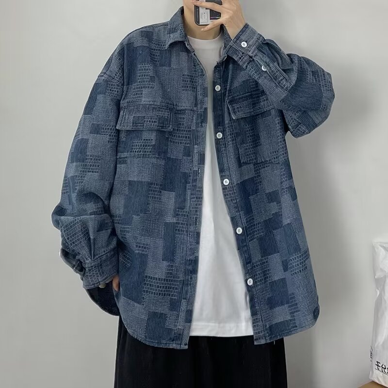 Japanese style early spring retro Denim shirt men's Hong Kong style trendy ins versatile spring casual plaid shirt coat trendy