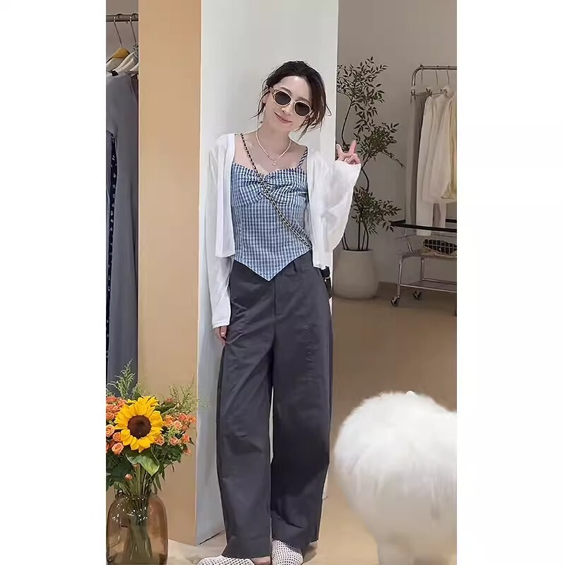 夏季今年流行穿搭女装2025新款爆款百搭防晒开衫吊带阔腿裤三件套|undefined