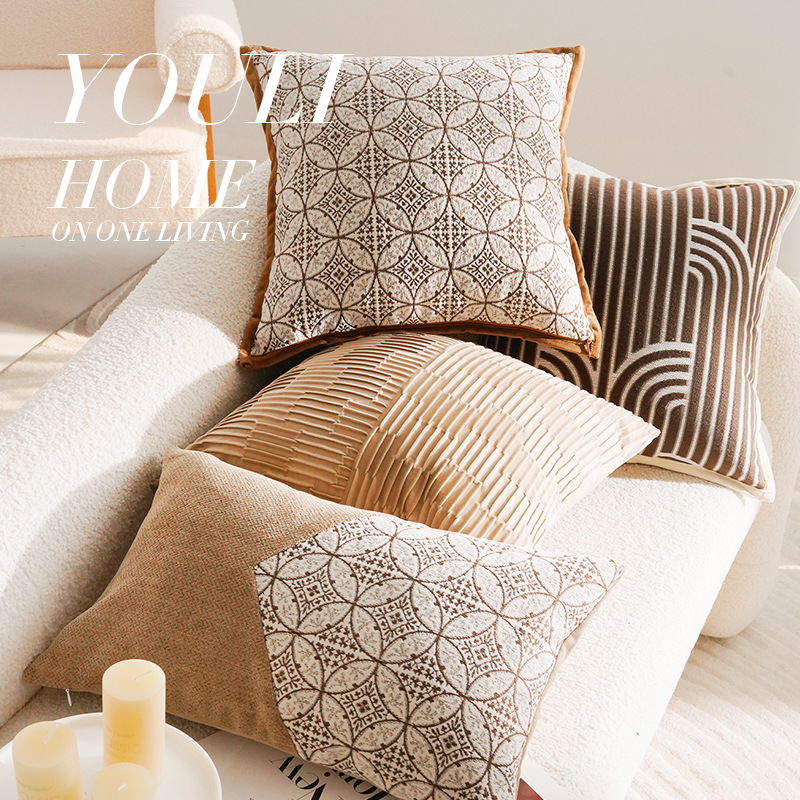 Funda de almohada de sofá de alta gama francesa de lujo ligero de estilo medio marrón, nueva almohada simple china, cojín de cabecera, respaldo