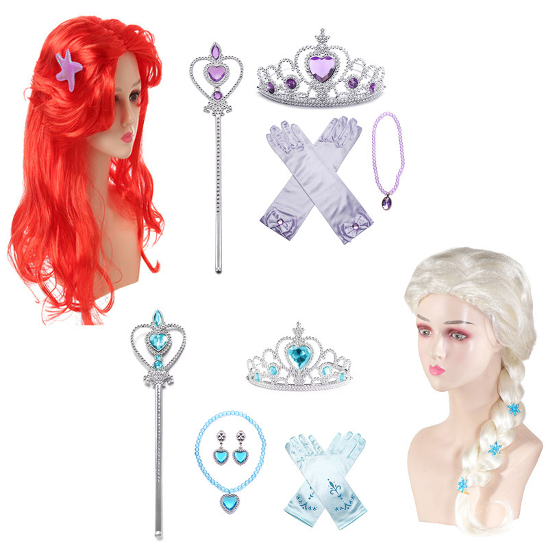 Frozen Elsa Princess Wig Braids Children's Crown Magic Wand Blue Bow Gloves Set Frozen Elsa Princess Wig Braids Children's Crown Magic Wand Blue Bow Gloves Set