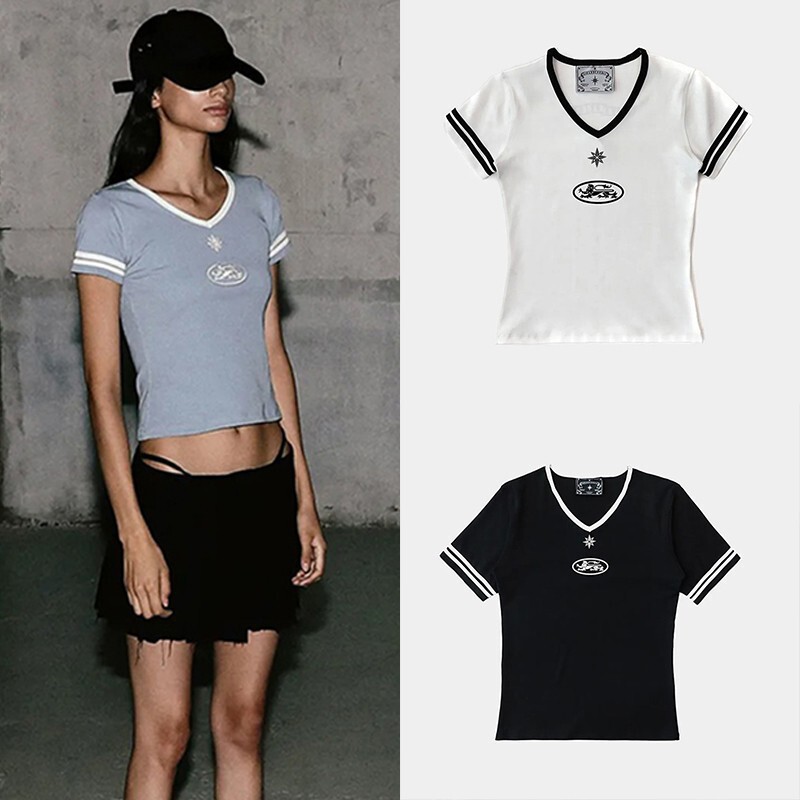 Korean Badblood Bcac Series Sexy V Neck Short-Sleeved T-Shirt Women's Niche Design Sports Casual Tops