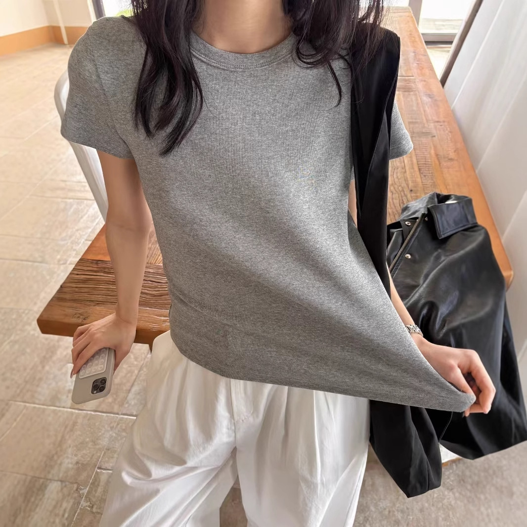 KITTIN coreano simple cuello redondo elástico hombro recto camiseta de manga corta mujer primavera y verano casual todo fósforo delgado top corto