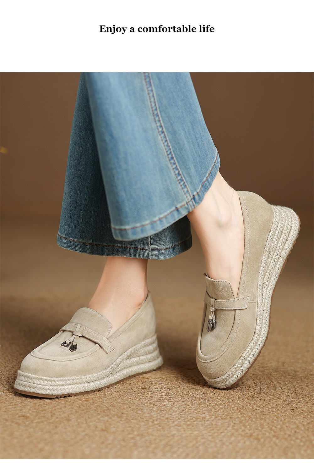 Giày lười nữ đế dệt cỏ mũi vuông phong cách vintage đế dày — màu nâu chi tiết 8