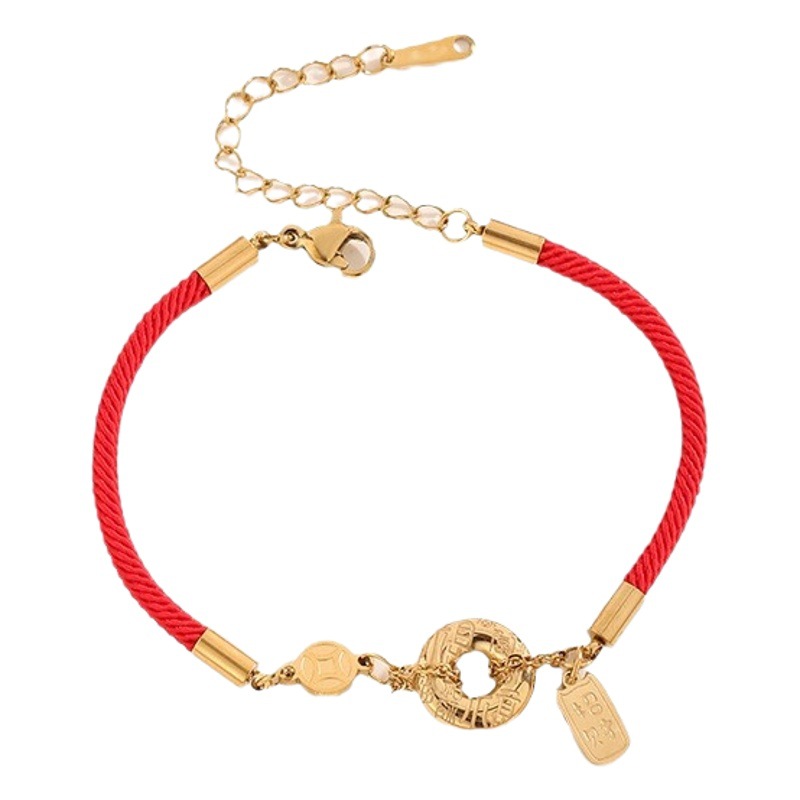 Pulsera de Acero de Titanio con Moneda de Cobre, Estilo Nuevo, Lujo Ligero, Hilo Rojo de la Fortuna, para Mujer, Pulsera Festiva Simple con Moneda Dorada.