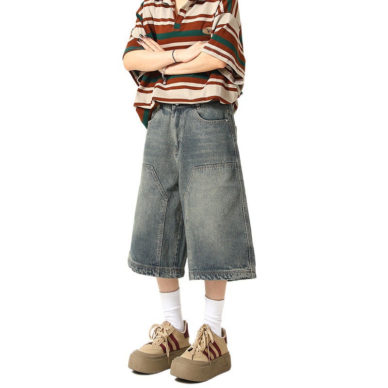 Pantalones cortos de mezclilla lavados en la calle retro americana pantalones de pierna recta para hombres y mujeres pantalones cortos de todo fósforo de la marca de moda de pierna ancha