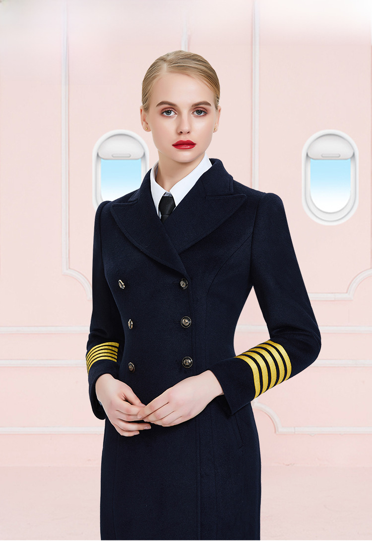 Stewardess-Mantel Damen Mittellanger Herbst- und Winter-Wollmantel für Flugkapitän/Pilot/Bodenabfertigung am Flughafen_voghion.com