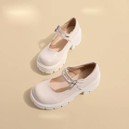 White Thick High-Heeled French Mary Jane Shoes for Women Thick-Soled Spring and Summer Retro British Style Japanese Style Jk Small Leather Shoes