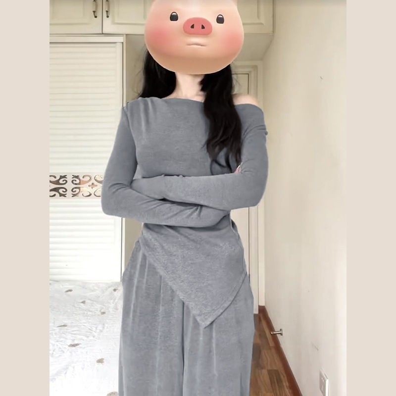 올해 인기있는 아름다운 세트 여성의 새로운 오프 숄더 탑 팬츠 2 피스 봄 가을 겨울 의류