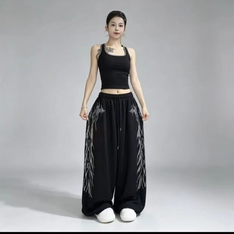 New autumn/winter collection: 260g American-style hip-hop wide-leg pants with rhinestone embellishments, loose fit, slimming effect, suitable for street dance and other dance styles