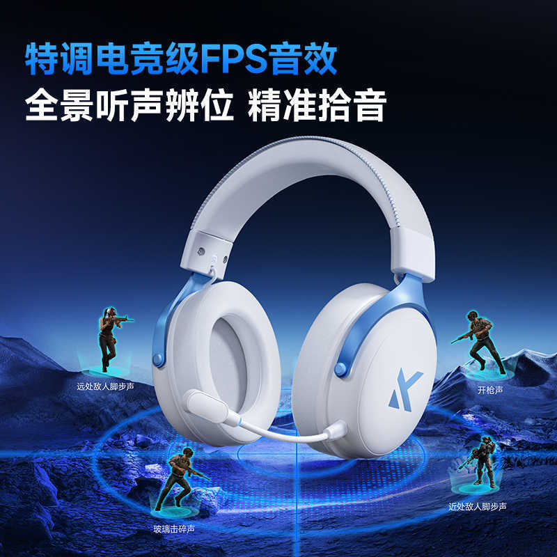 E-Sports Headset, Four-Mode Gaming Bluetooth Computer Headset with Microphone, Wireless, Lightweight Aluminum Alloy, Delta, White and Blue E-Sports Headset, Four-Mode Gaming Bluetooth Computer Headset with Microphone, Wireless, Lightweight Aluminum Alloy, Delta, White and Blue