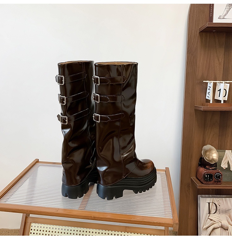 Boot nữ cổ cao ôm bắp chân da thật đế dày tăng chiều cao 15cm gót chunky — Lớp lót đơn màu trắng nhạt 12cm, Lớp lót đơn màu nâu 15cm, Màu đen đơn 12cm, Lớp lót nhung màu nâu 12cm chi tiết 22