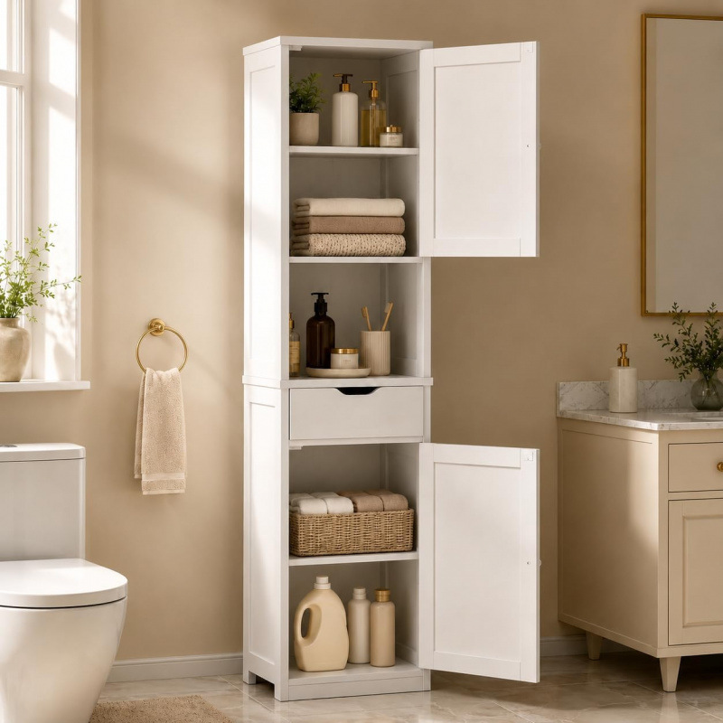 White floor-standing bathroom multi-layer storage high cabinet with double doors, middle drawer, and open compartment for bathroom storage