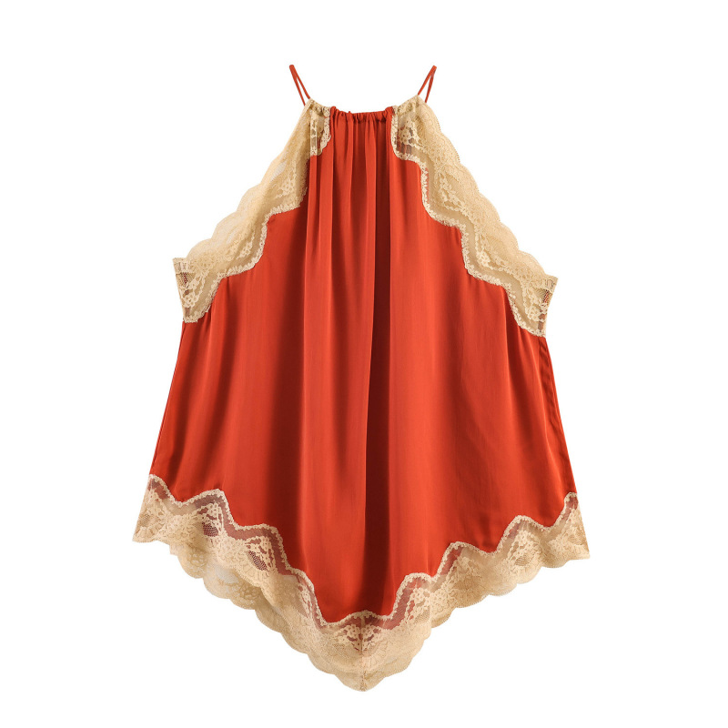 Cross-Border Foreign Trade European and American Style Women's Clothing Kaopu Za Aliexpress Hot-Selling Lace Patchwork Color-Blocking Elegant Halter Neck Top Cross-Border Foreign Trade European and American Style Women's Clothing Kaopu Za Aliexpress Hot-Selling Lace Patchwork Color-Blocking Elegant Halter Neck Top