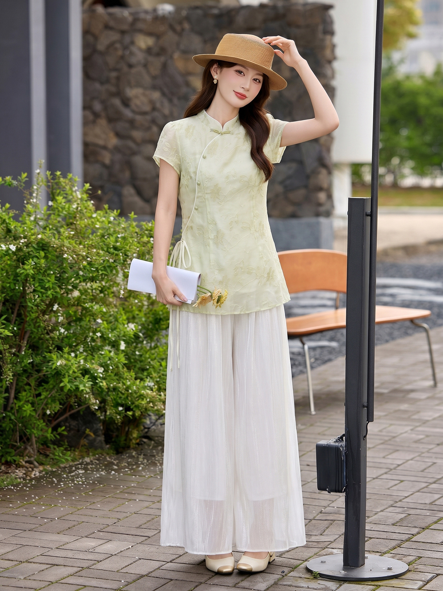Bộ áo sơ mi cổ đức in họa tiết kết hợp quần dài hai mảnh nữ thời trang — Xanh lá cây nhạtcolor, Vàng nhạt