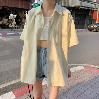纯色短袖衬衫女复古港味设计感盐系衬衣2023新款夏季学生百搭上衣