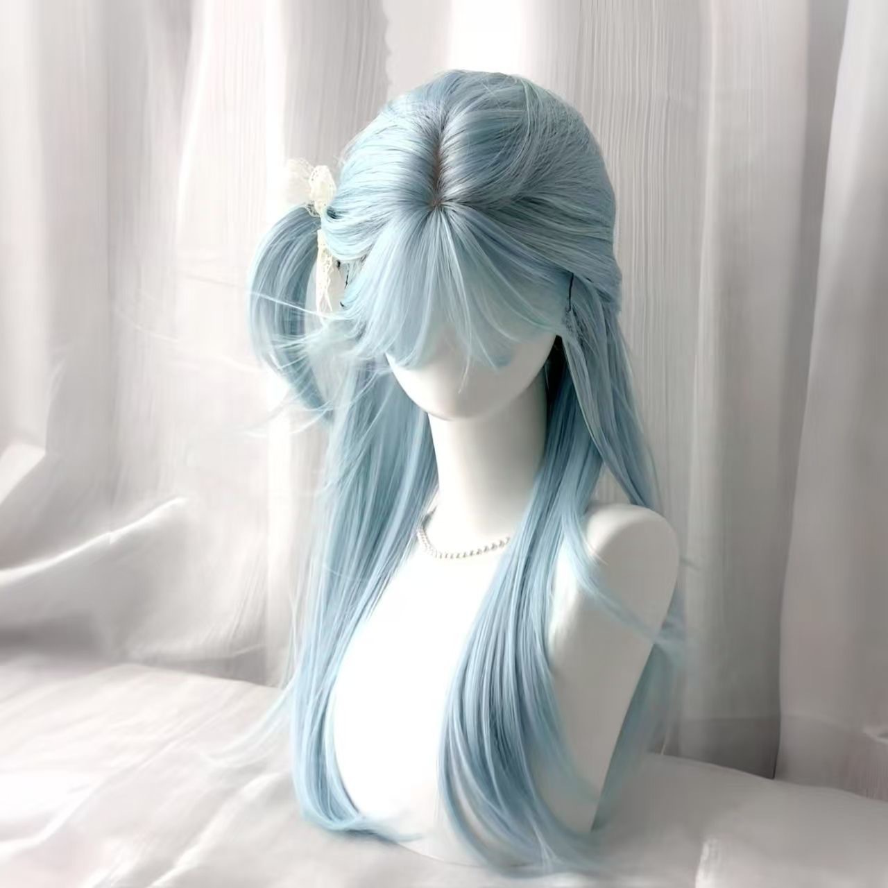 Koni Parykk [Baby Blue] Dame vår/sommer Ny stil Milk Blue Bangs Naturlig langt rett hår JK