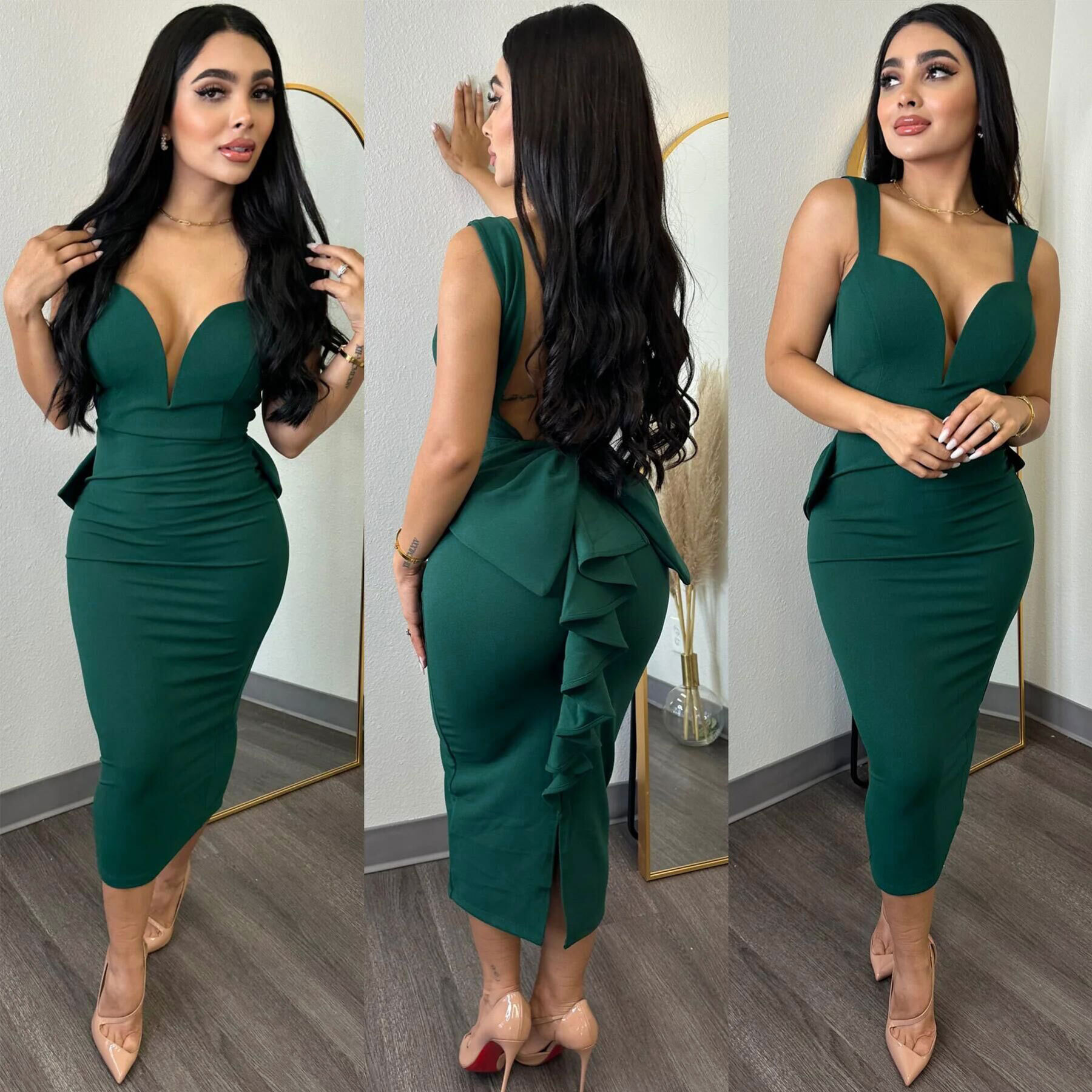 Women's Clothing K2868 solid color hip covering, backless, deep V bow elastic slit dress_voghion.com