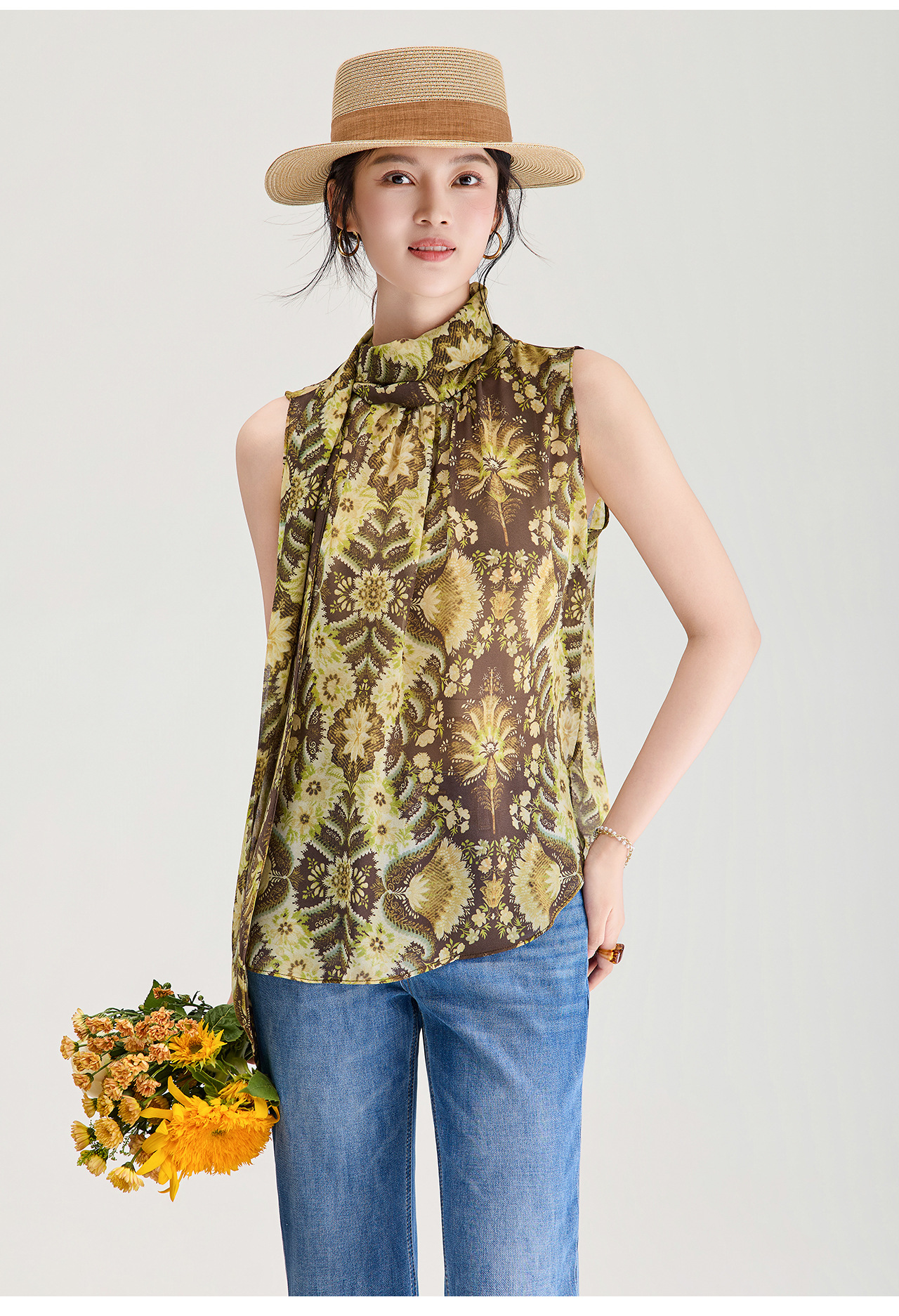 Áo hai dây nữ chất liệu chiffon in hoa, phối dây lụa, phong cách thanh lịch mùa hè — màu xám chi tiết 12