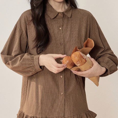 Red Retro Plaid Long-Sleeved Shirt for Women Autum New Preppy Style Fungus Lace Hem Loose Casual Top