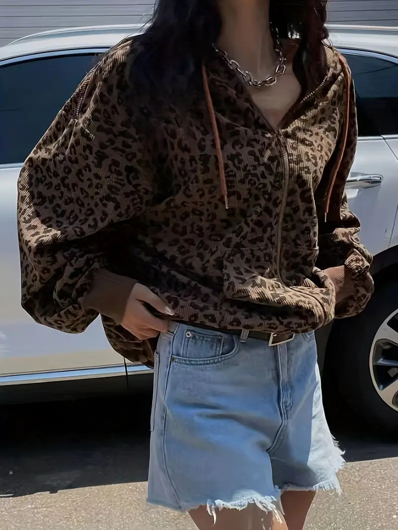 Women's Retro Leopard Print Hooded Cardigan Oversized Zip-up Jacket_voghion.com