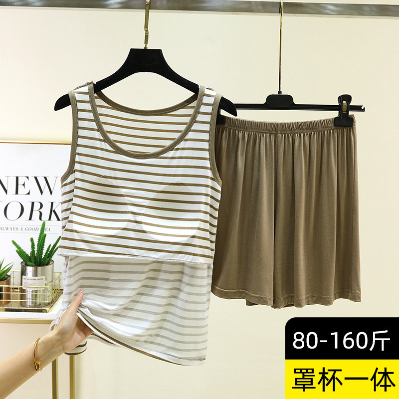 Modal Vest Shorts with Chest Pads for Women, Summer Loose Striped Home Pajamas, Sleep Pants, Cool Base Layer Set Modal Vest Shorts with Chest Pads for Women, Summer Loose Striped Home Pajamas, Sleep Pants, Cool Base Layer Set