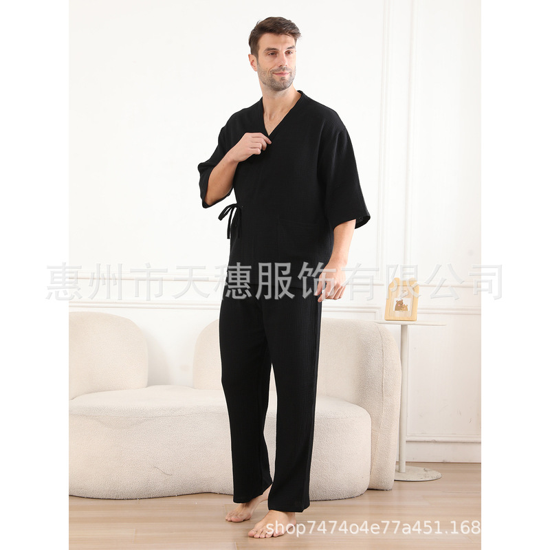 2025 Cross-Border Amazon Men's Crepe Fabric Summer Short-Sleeve Long Pants All-Cotton Homewear Set Pajamas 2-Piece Set