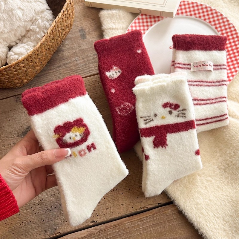 New Year's Red Socks Women's Thickened Warm Mid-Tube Socks Winter Cute Cartoon Thick Zodiac Year Stuffed Socks