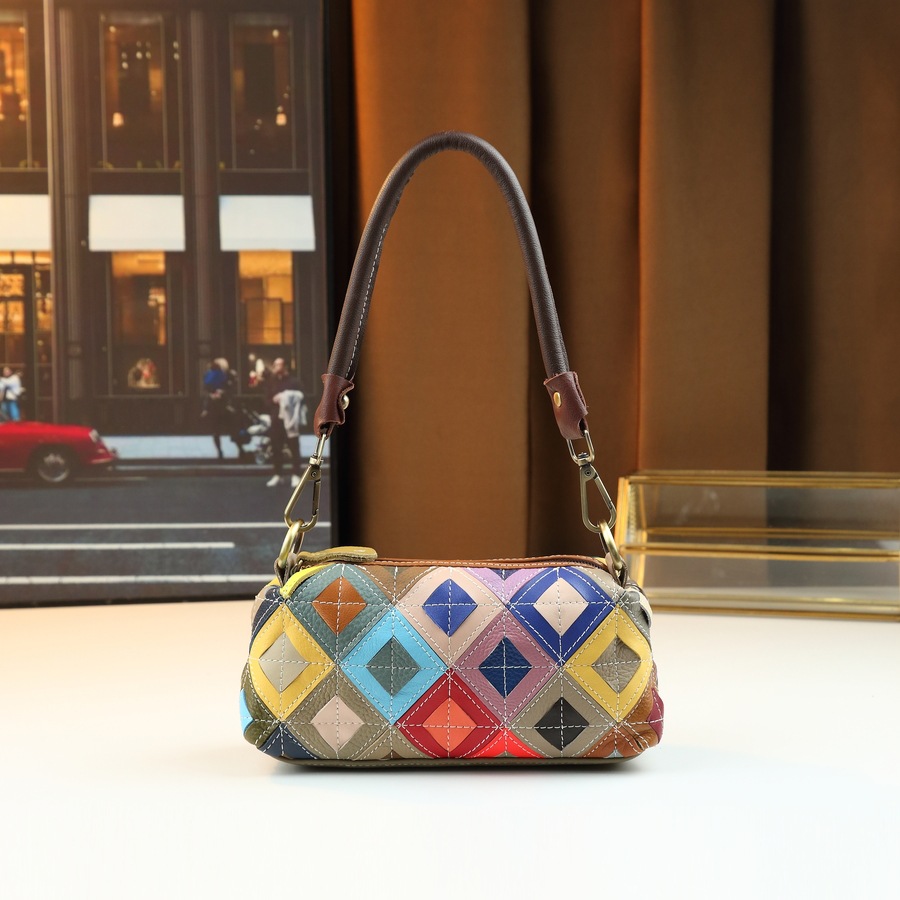 Women's Ethnic Style Colorful Plaid Genuine Leather Shoulder Crossbody Bag Small Pillow Bag Random Color Blocking Design_voghion.com