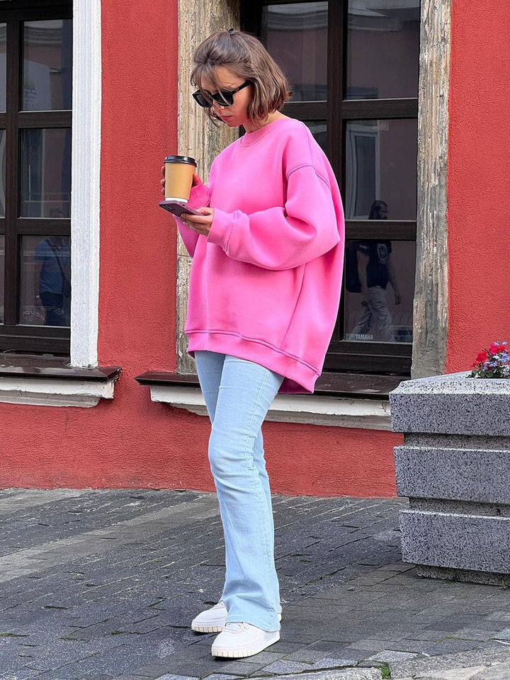Áo sweatshirt nữ cổ tròn dáng rộng oversize tay dài chất liệu nỉ lông — Hoa màu xám, Màu cà phê, Màu trắng, Xanh navy chi tiết 4