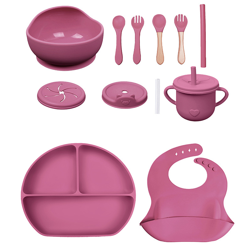 Conjunto de cubiertos para niños tazón de alimentos suplementarios platos de silicona tazón de cuchara de tenedor bib taza de agua de grado alimenticio para bebés alimentación suplementaria
