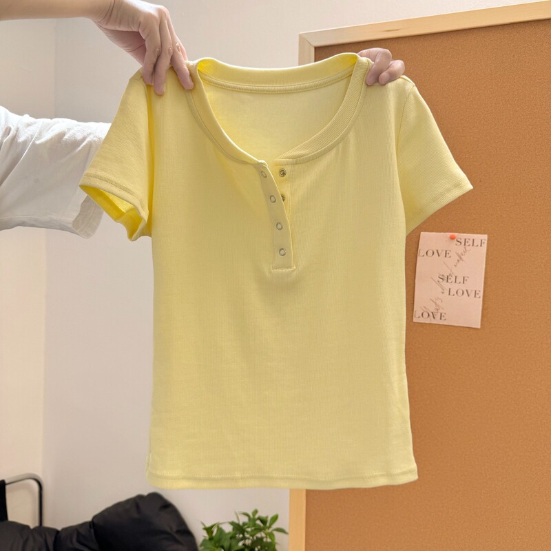Yellow Round Neck Right Shoulder Short-Sleeved T-Shirt for Women 2025 Spring and Summer New Style Unique and Beautiful Slim Short Top