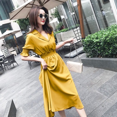 Chiffon Dress 2021 The new thin ins skirt Korean Edition Mid length version Waist temperament Women's wear