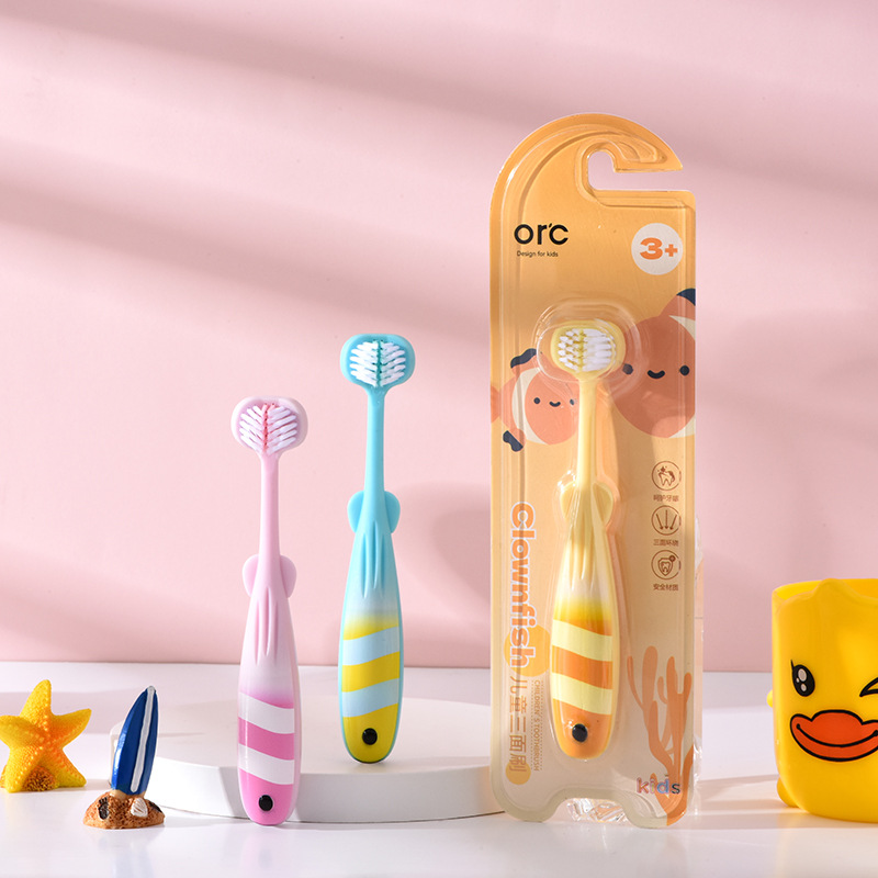 Orc Kidsren's Soft-Bristled Three-Sided Toothbrush 1-12 Years Old Baby Special Three-Head Toothbrush Household Manufacturer Wholesale