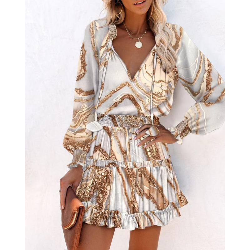 2025 Independent Station Wish Hot Style Spring and Summer Long-Sleeved V Neck Fashion Printed Waist Dress for Women